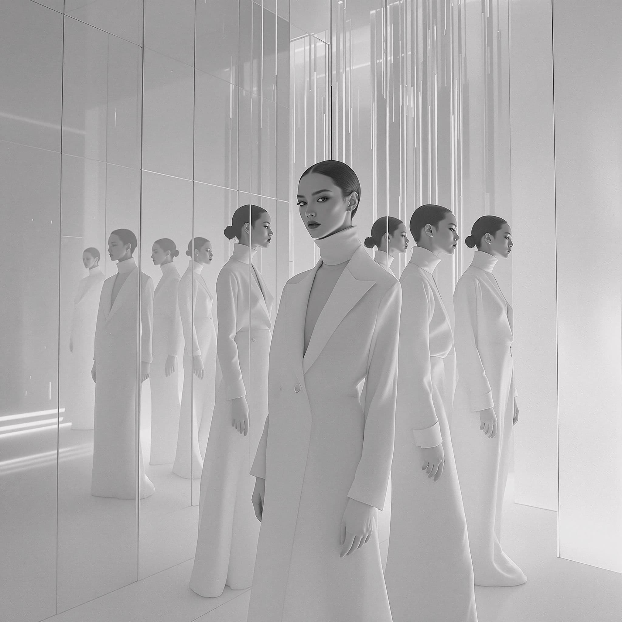 Person in white clothing reflected in mirrors, representing the struggle to break through limitations