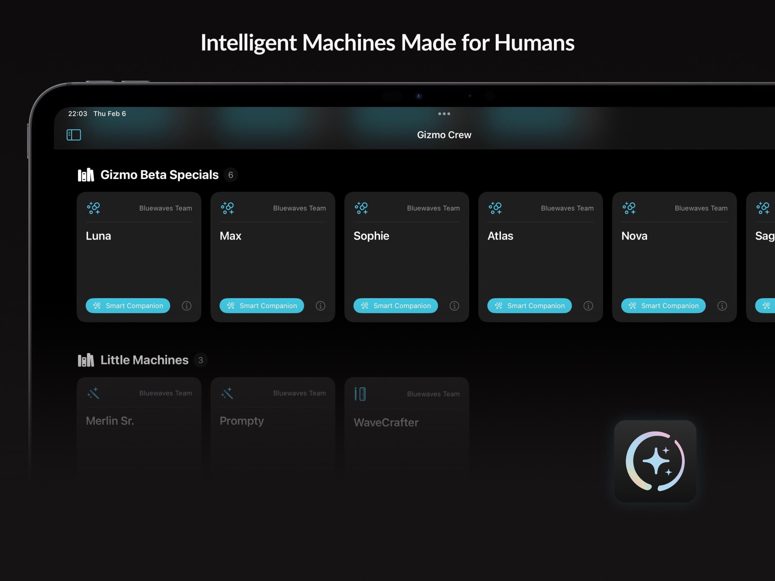 Bluewaves Gizmo smart companion interface showing various AI companions